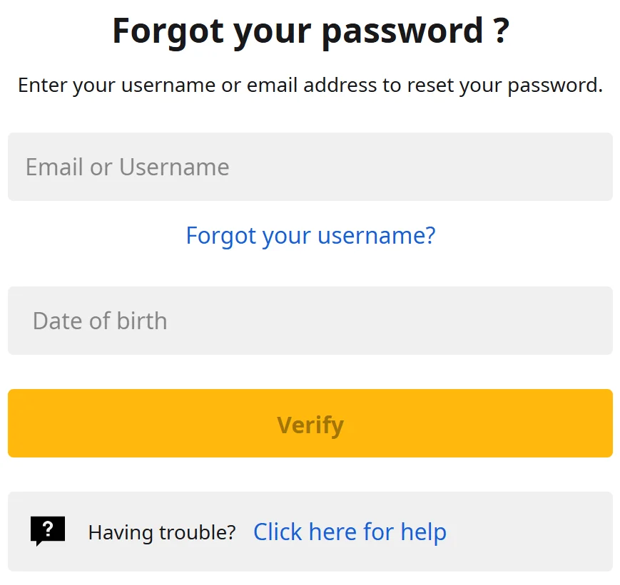 Betfair Casino forgot password screen
