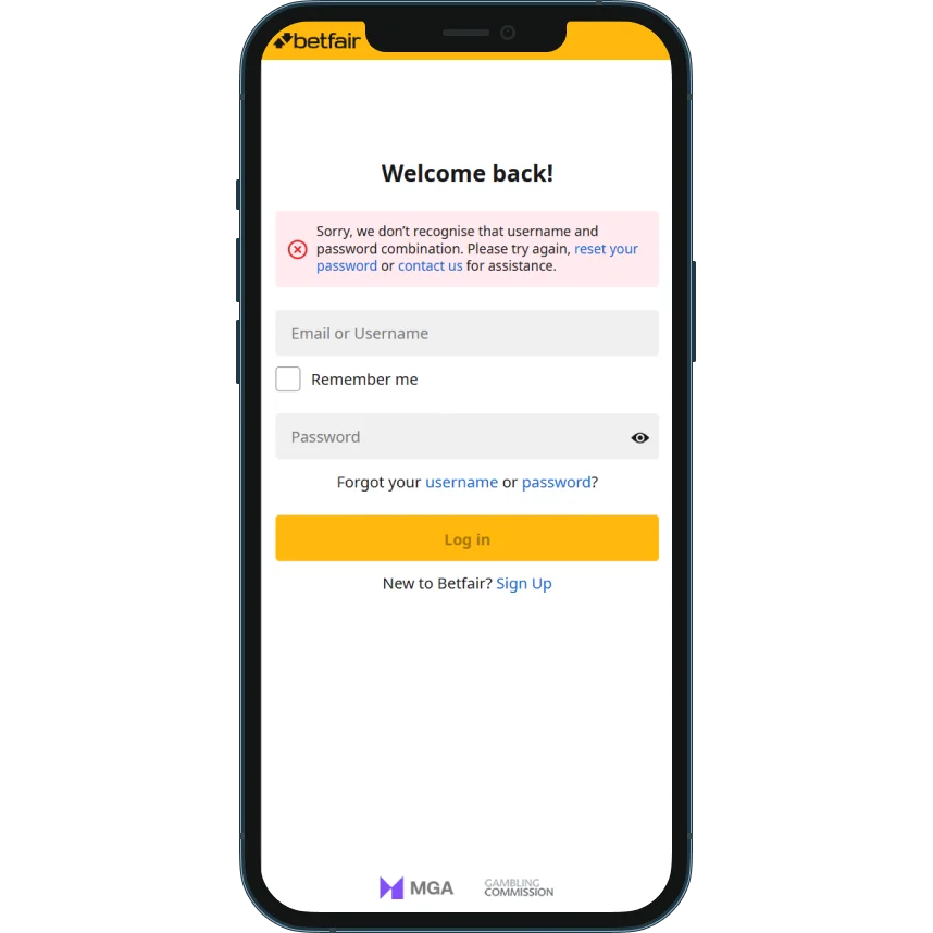 Betfair Casino login from mobile