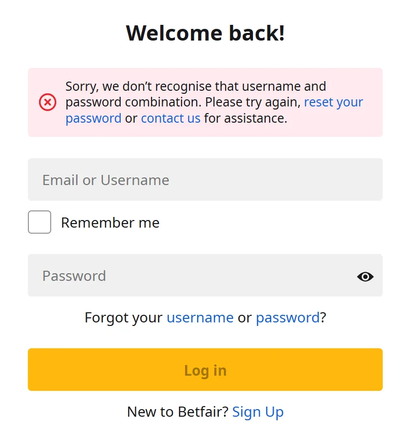 Betfair Casino login page
