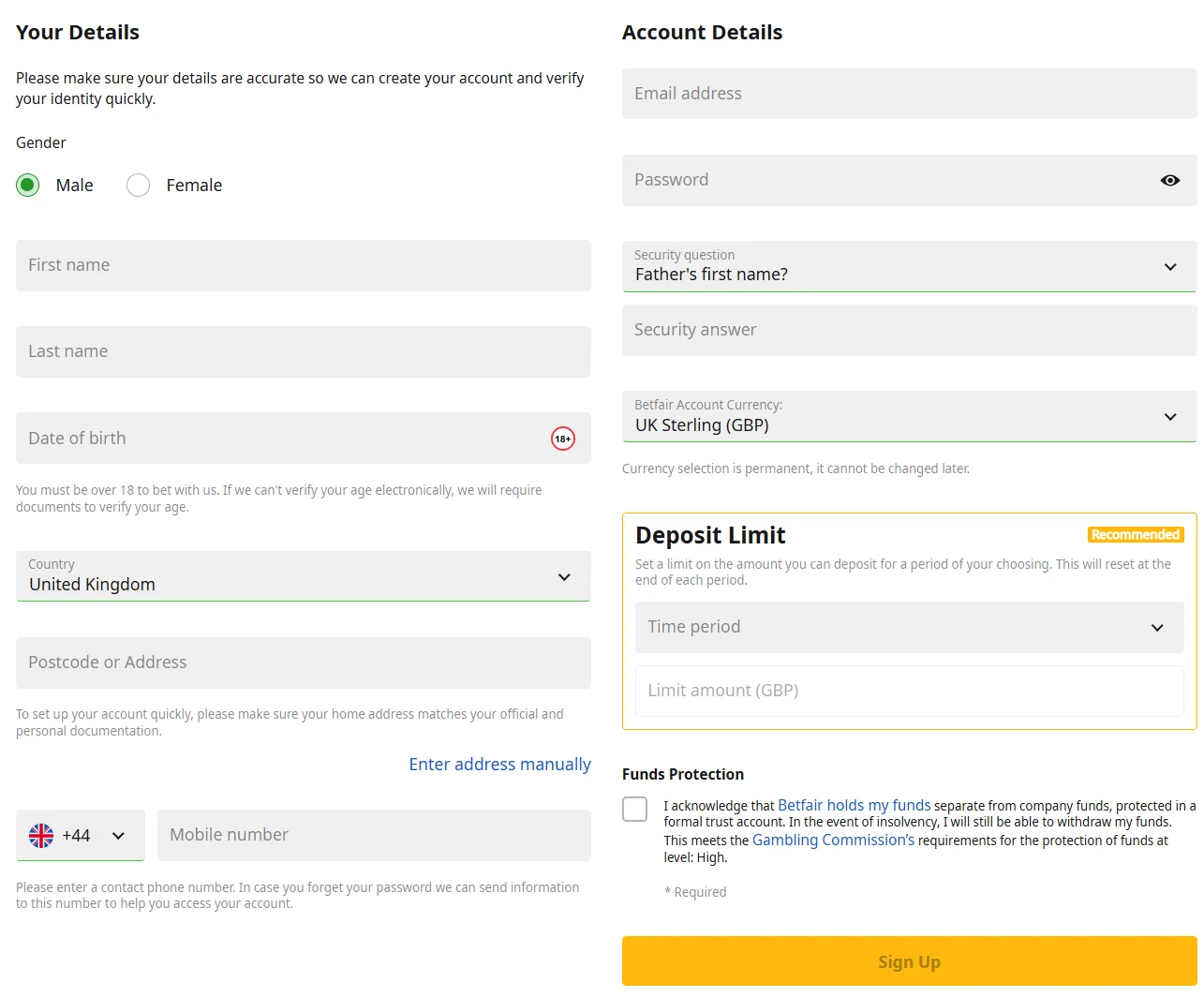 Betfair Casino registration form